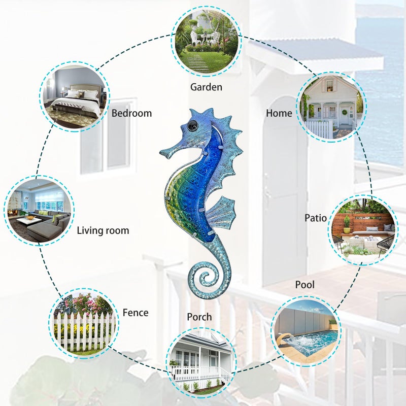 LIFFY Large Metal and Glass Seahorse Wall Decor, Sea Life Decor, Metal Fish Wall Decor, Ocean Beach Theme Wall Art for Bathroom Home Pool Gift Idea - Image 4